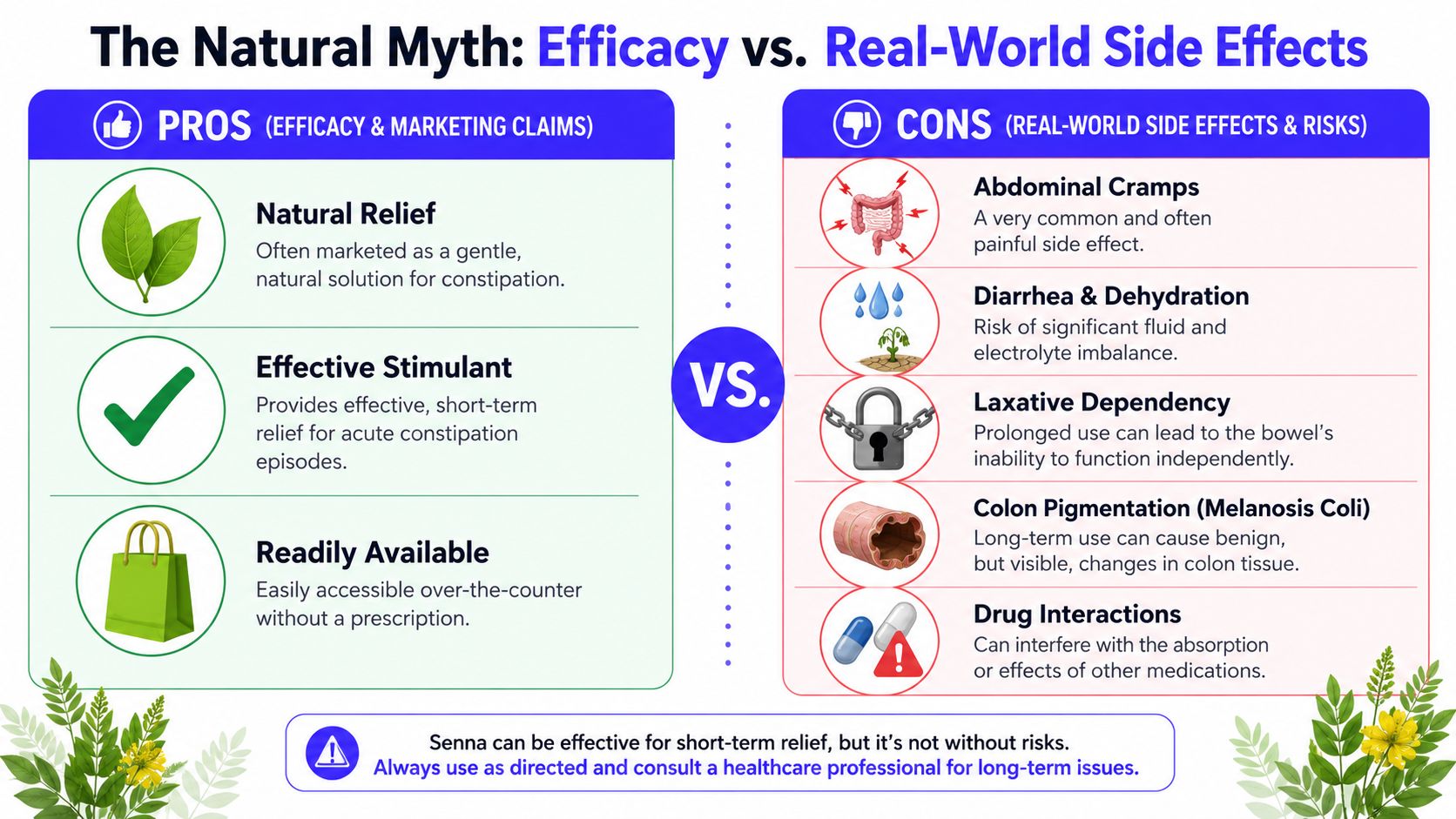 An infographic comparing the pros and cons of using natural stimulant laxatives like Senna for constipation relief.