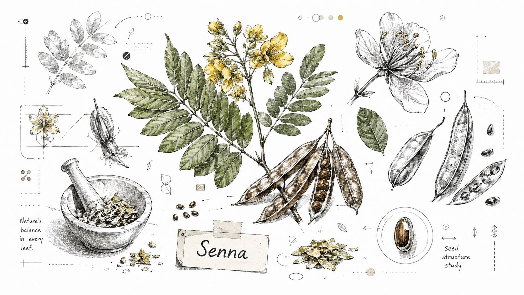 A botanical illustration of the Senna plant with leaves, yellow flowers, seed pods, seeds, and mortar and pestle.